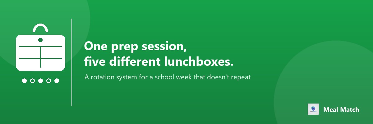 Five school packed lunchboxes shown side by side, each with a different base and filling, illustrating a five-day rotation that varies the lunch instead of repeating it